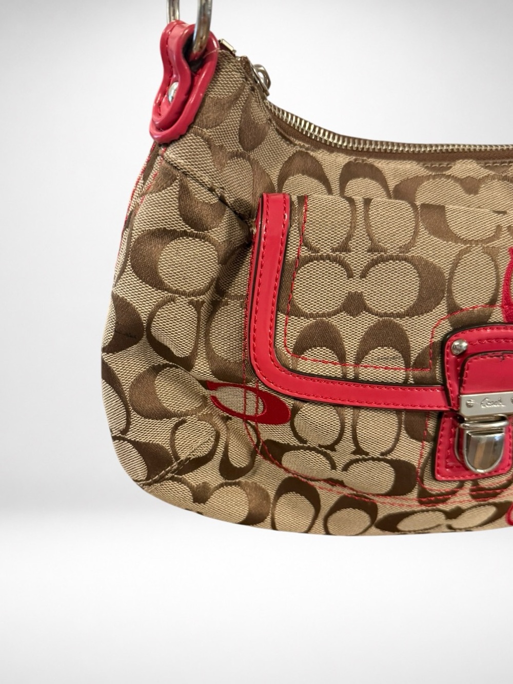 COACH Soho 2 Way Signature Canvas Shoulder Bag Khaki Pink Patent Leather 21623 - Picture 8 of 14